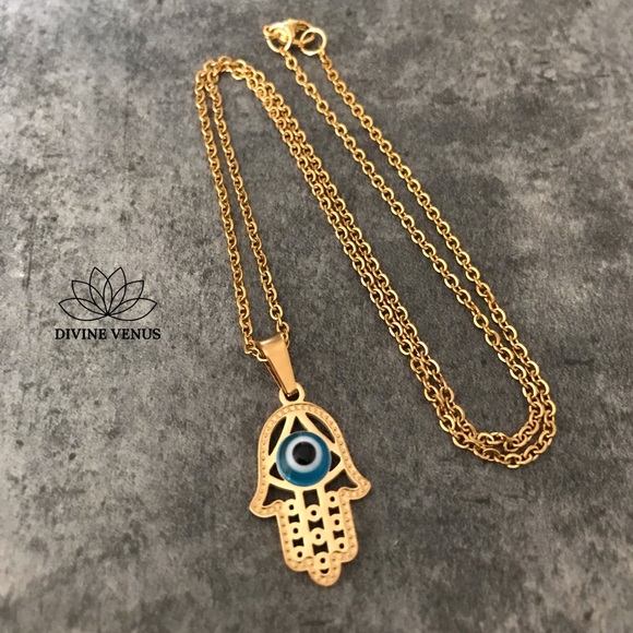 Hamsa Evil Eye Stainless Steel Necklace - Picture 10 of 12